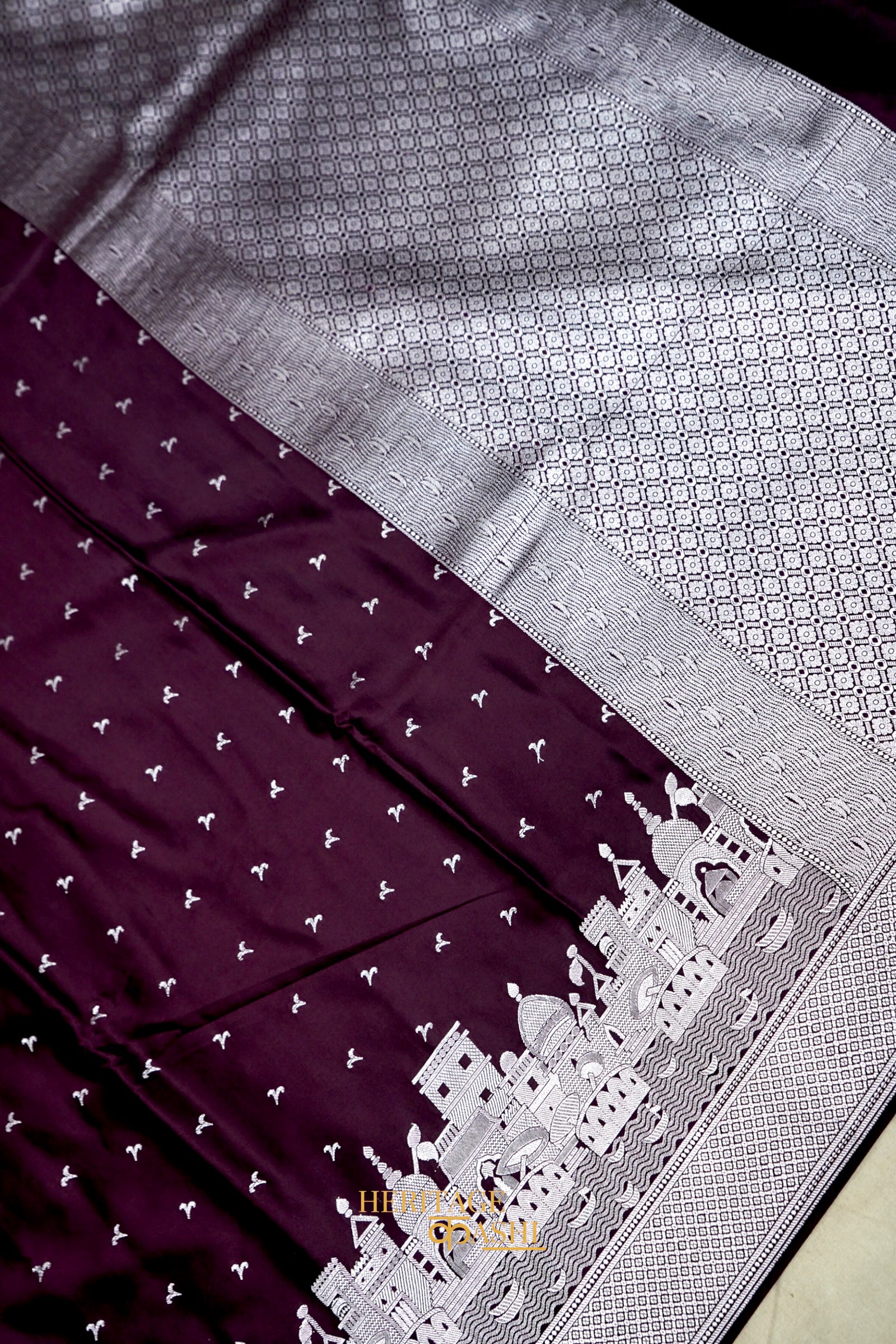 Deep Wine Mashru Katan Banarasi Ghat Silk Saree