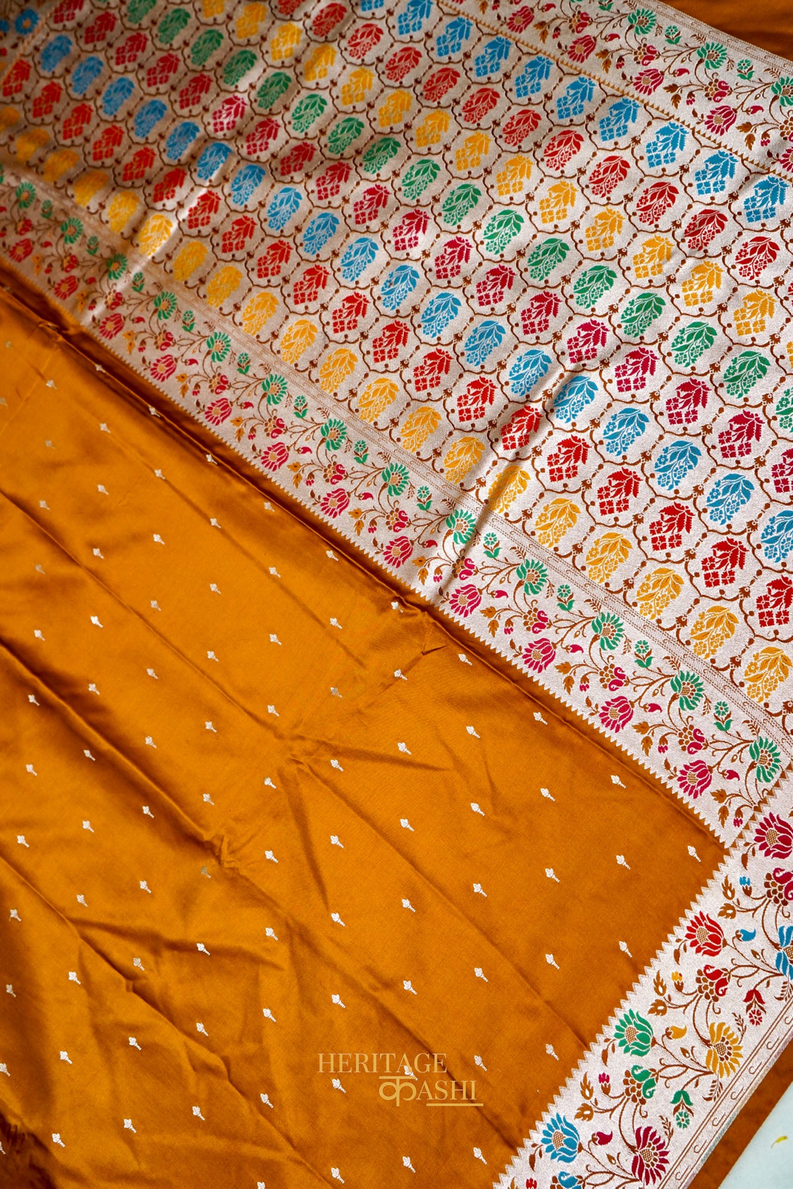 Mustard Gold Mashru Paithani Inspired Floral Border Silk Saree