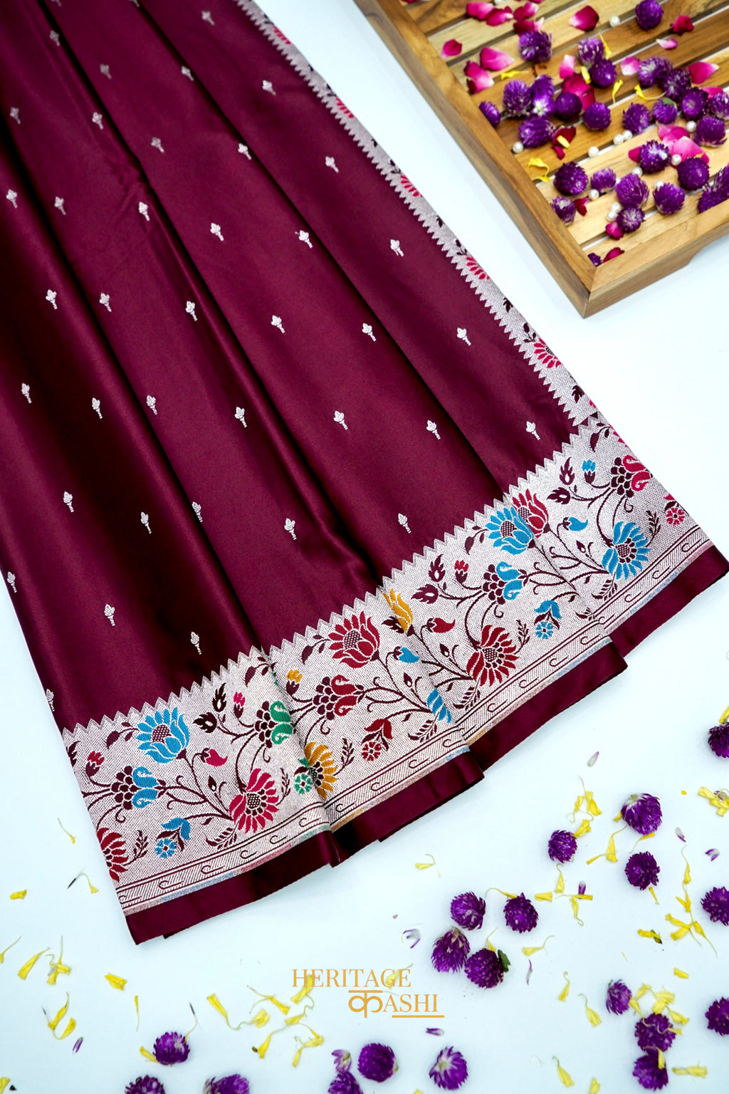 Premium Wine Mashru Paithani Inspired Floral Border Silk Saree