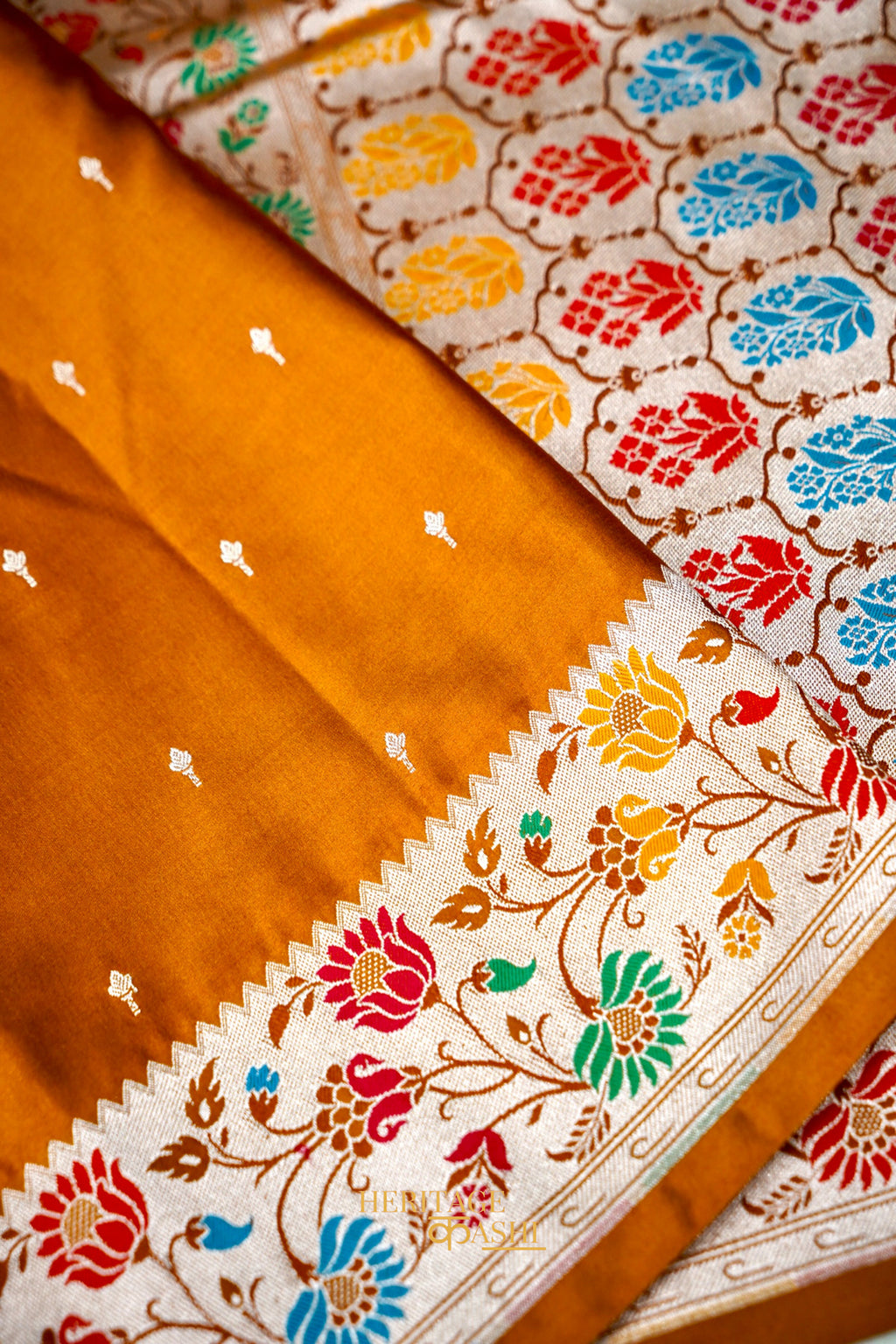 Mustard Gold Mashru Paithani Inspired Floral Border Silk Saree