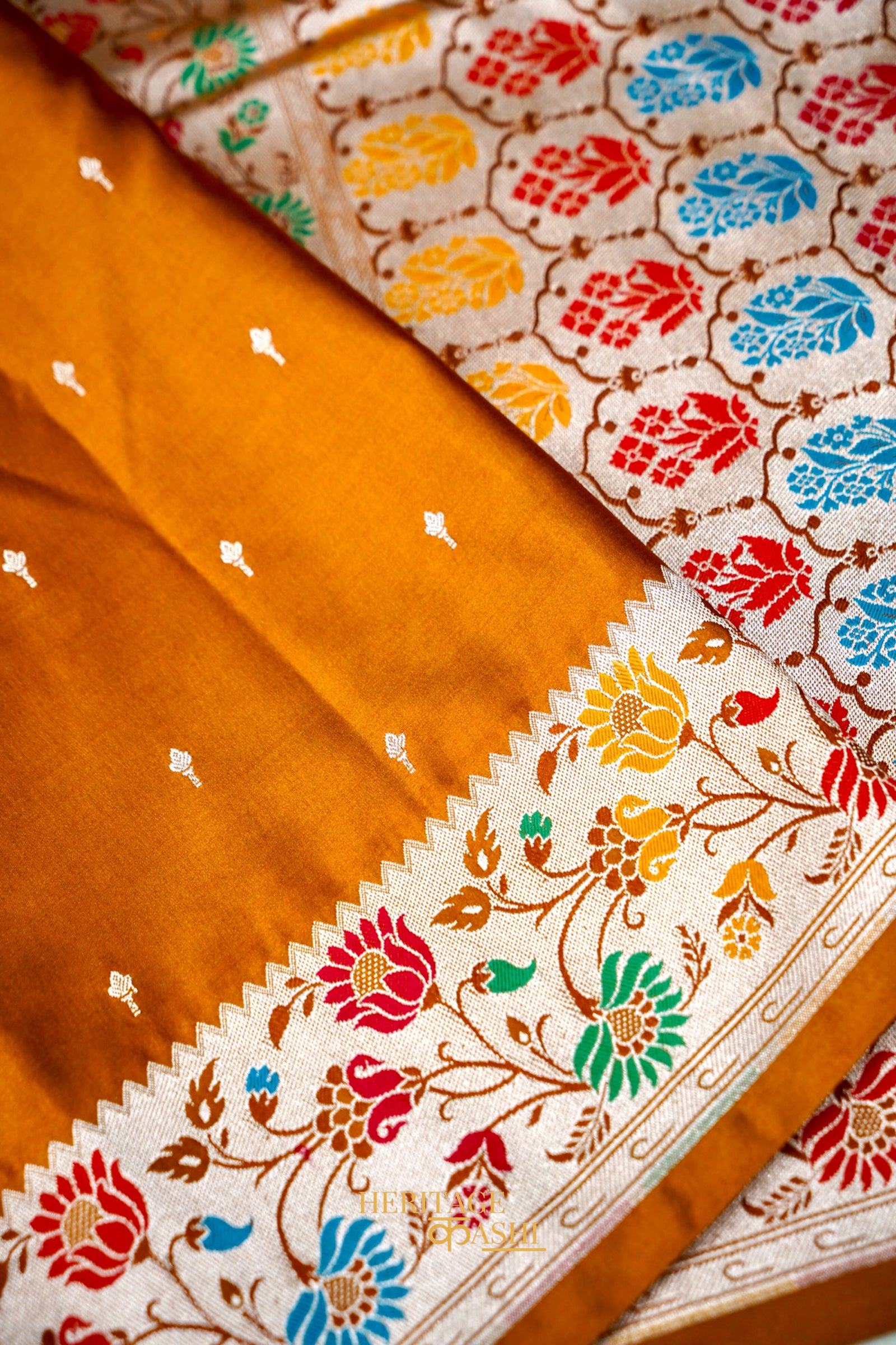 Mustard Gold Mashru Paithani Inspired Floral Border Silk Saree