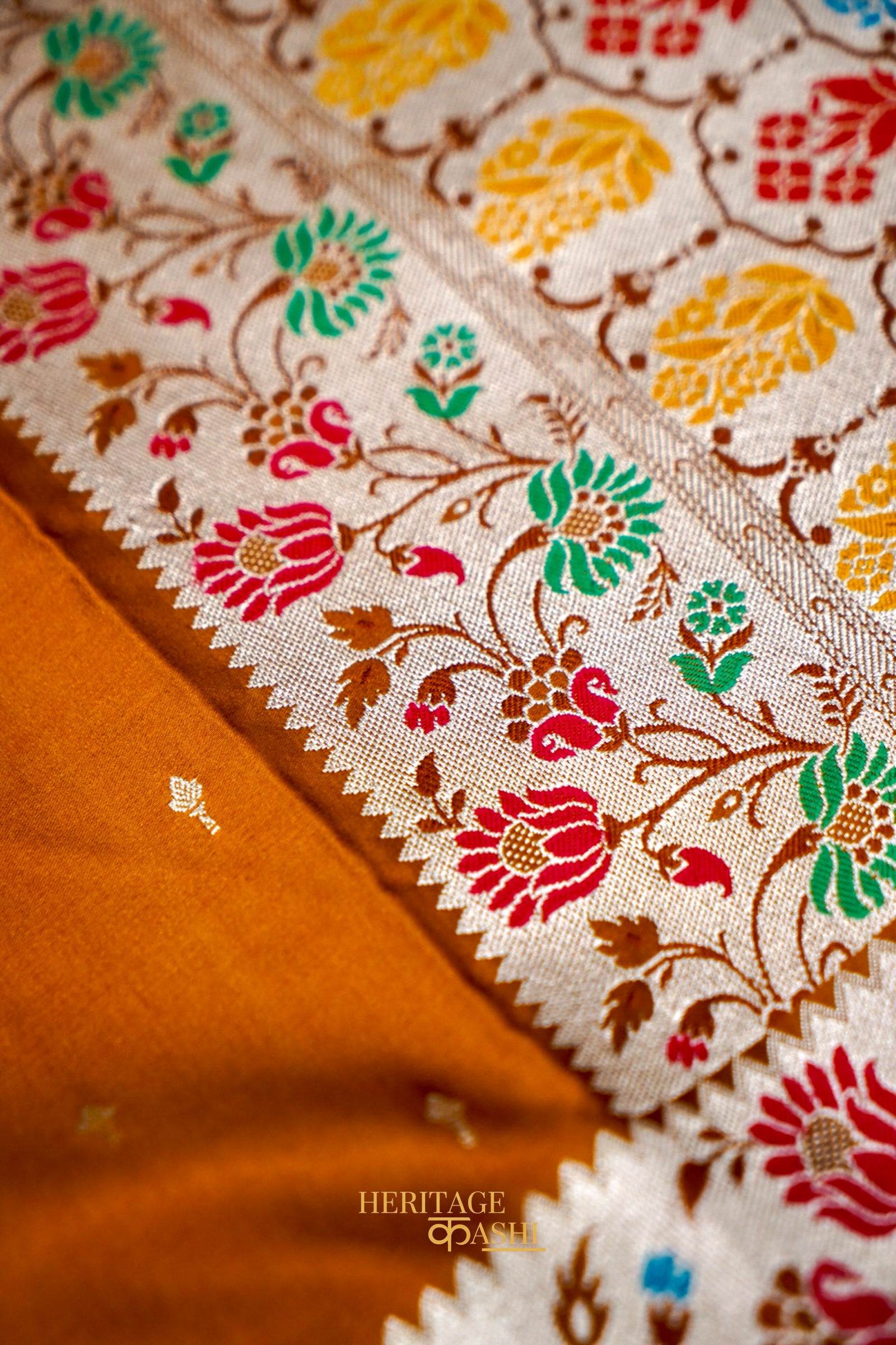 Mustard Gold Mashru Paithani Inspired Floral Border Silk Saree
