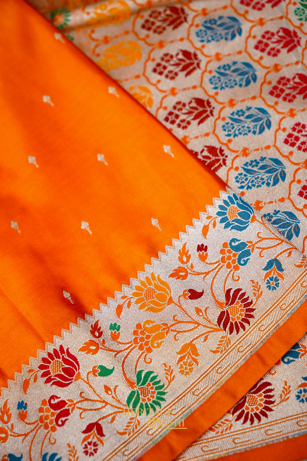 Premium Orange Mashru Paithani Inspired Floral Border Silk Saree