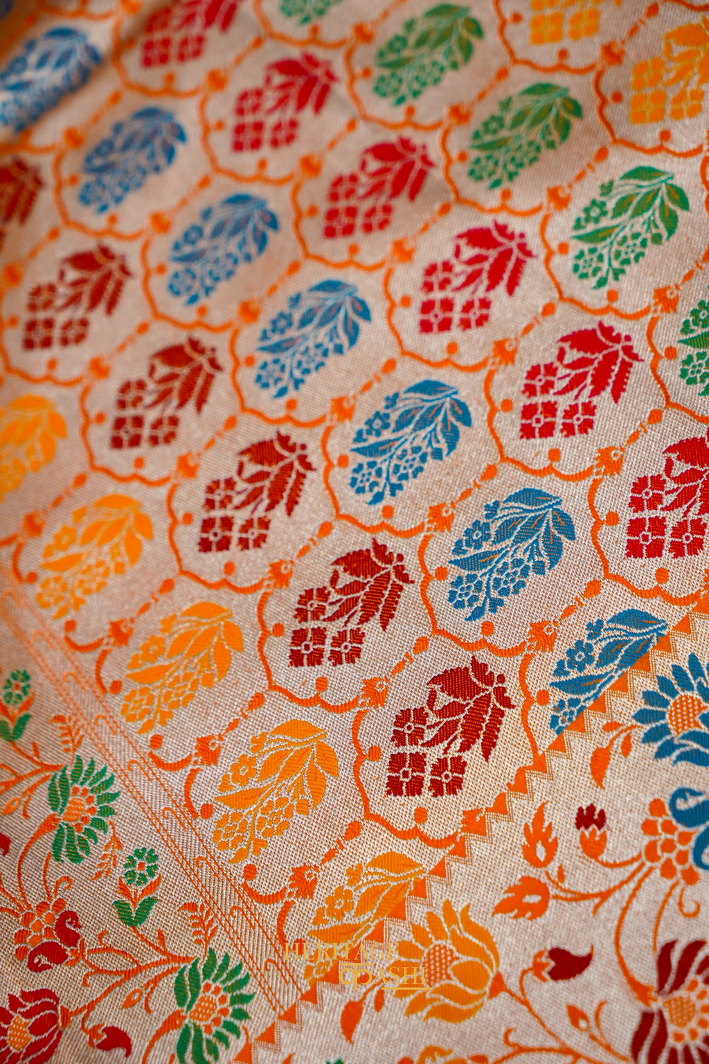 Premium Orange Mashru Paithani Inspired Floral Border Silk Saree