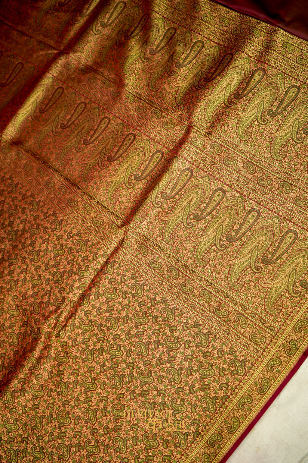 Antique Copper Satin Tanchoi Reshami Ektara Banarasi Silk Saree