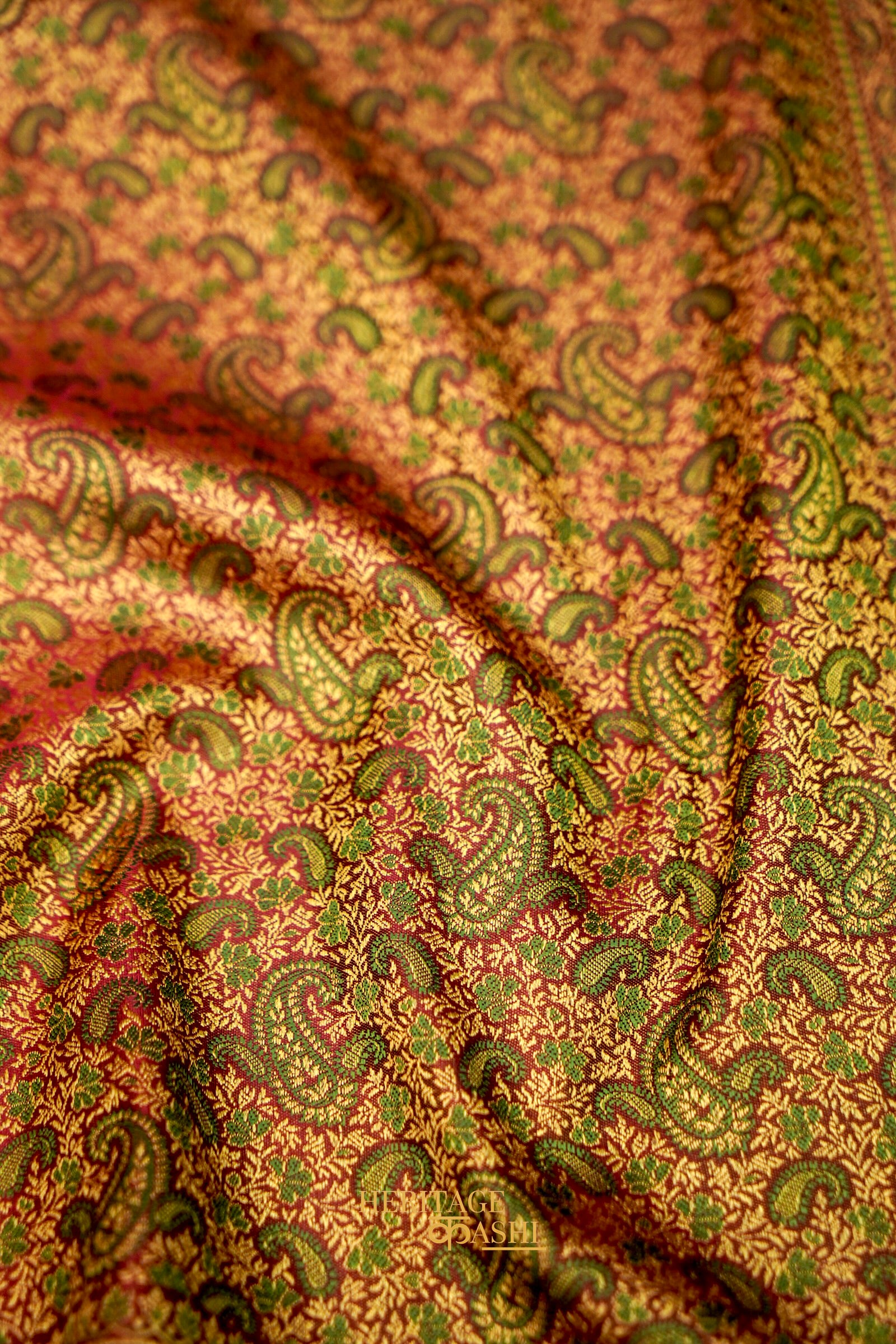 Antique Copper Satin Tanchoi Reshami Ektara Banarasi Silk Saree