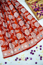 Rust Orange Mashru Multicolour Floral Jaal Motif Silk Saree