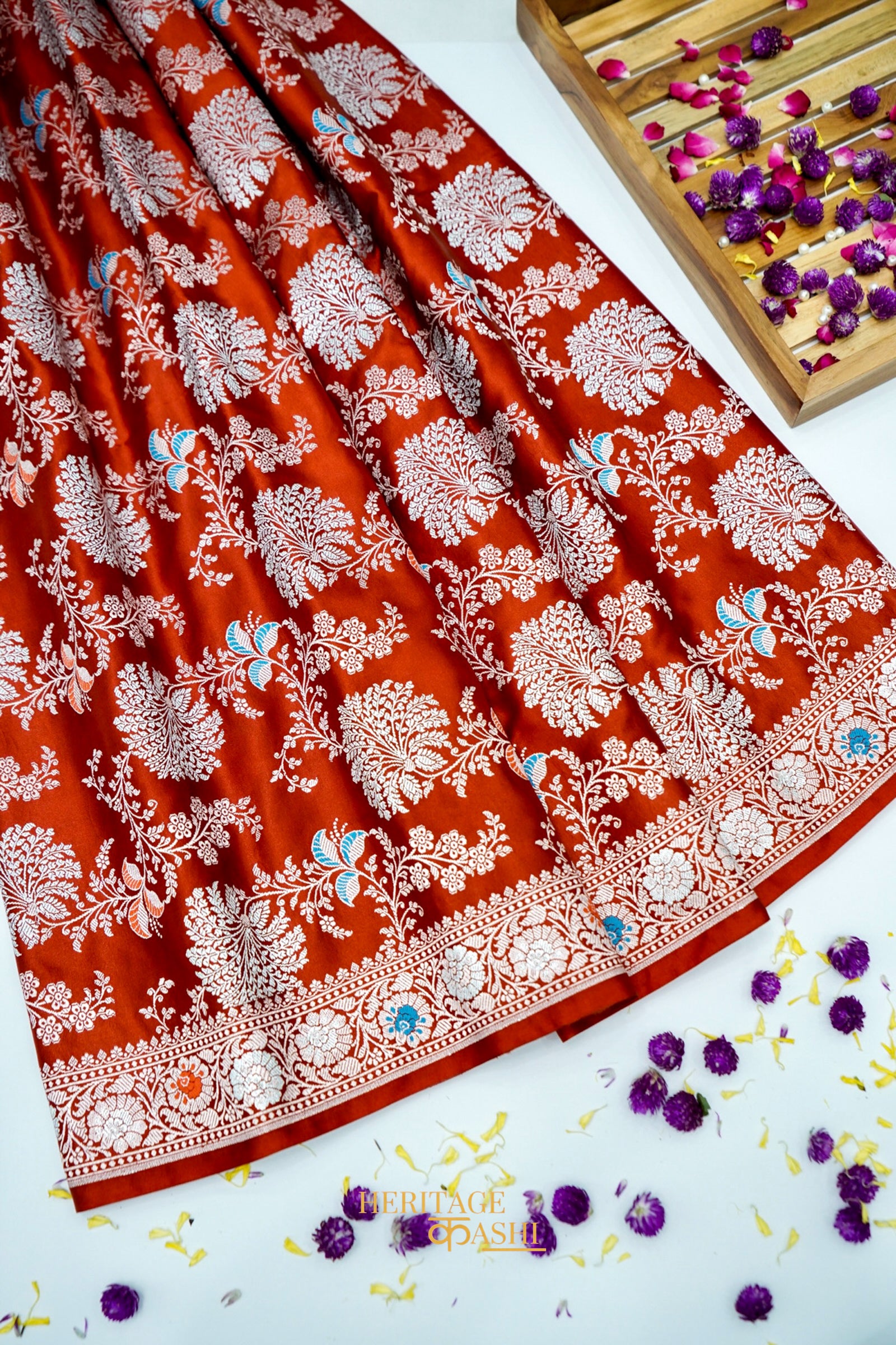 Rust Orange Mashru Multicolour Floral Jaal Motif Silk Saree