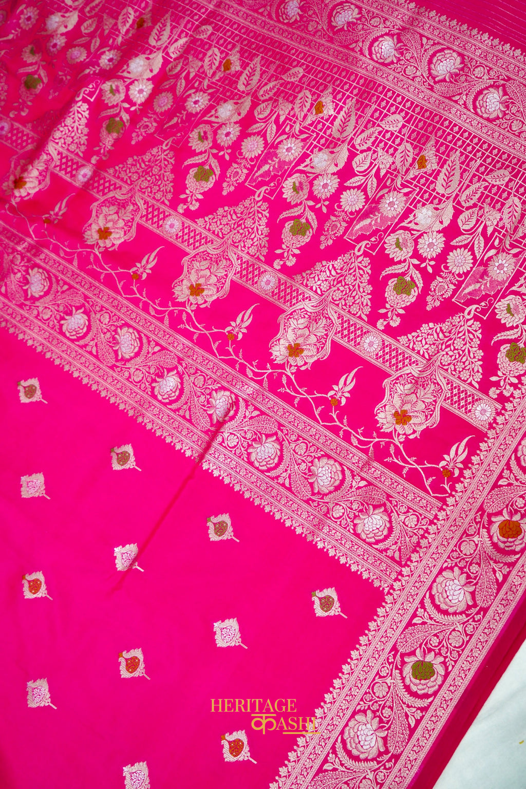 Rani Pink Katan Silk Saree with Meenakari Motifs & Floral Zari Border