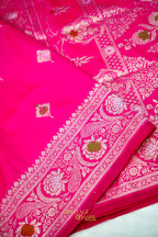 Rani Pink Katan Silk Saree with Meenakari Motifs & Floral Zari Border