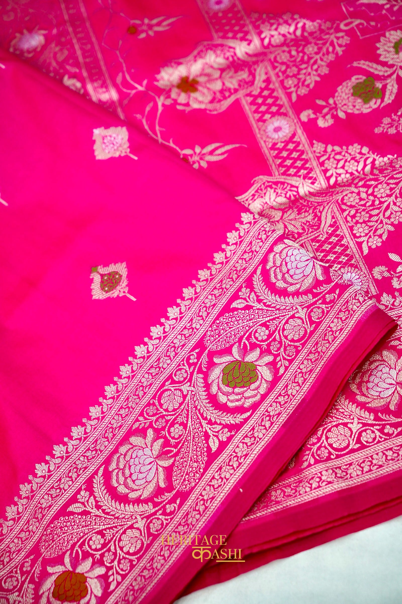 Rani Pink Katan Silk Saree with Meenakari Motifs & Floral Zari Border