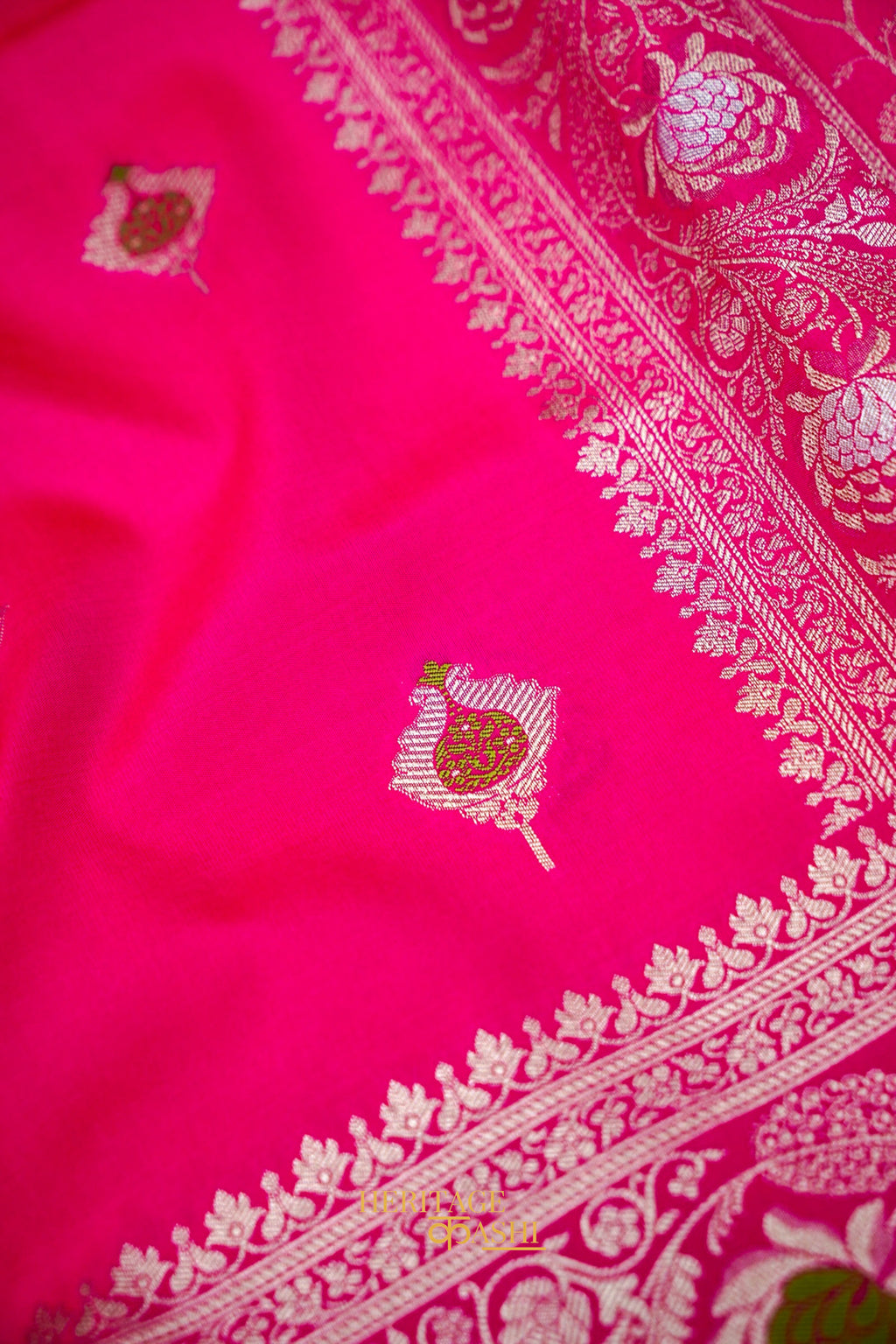 Rani Pink Katan Silk Saree with Meenakari Motifs & Floral Zari Border