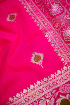 Rani Pink Katan Silk Saree with Meenakari Motifs & Floral Zari Border