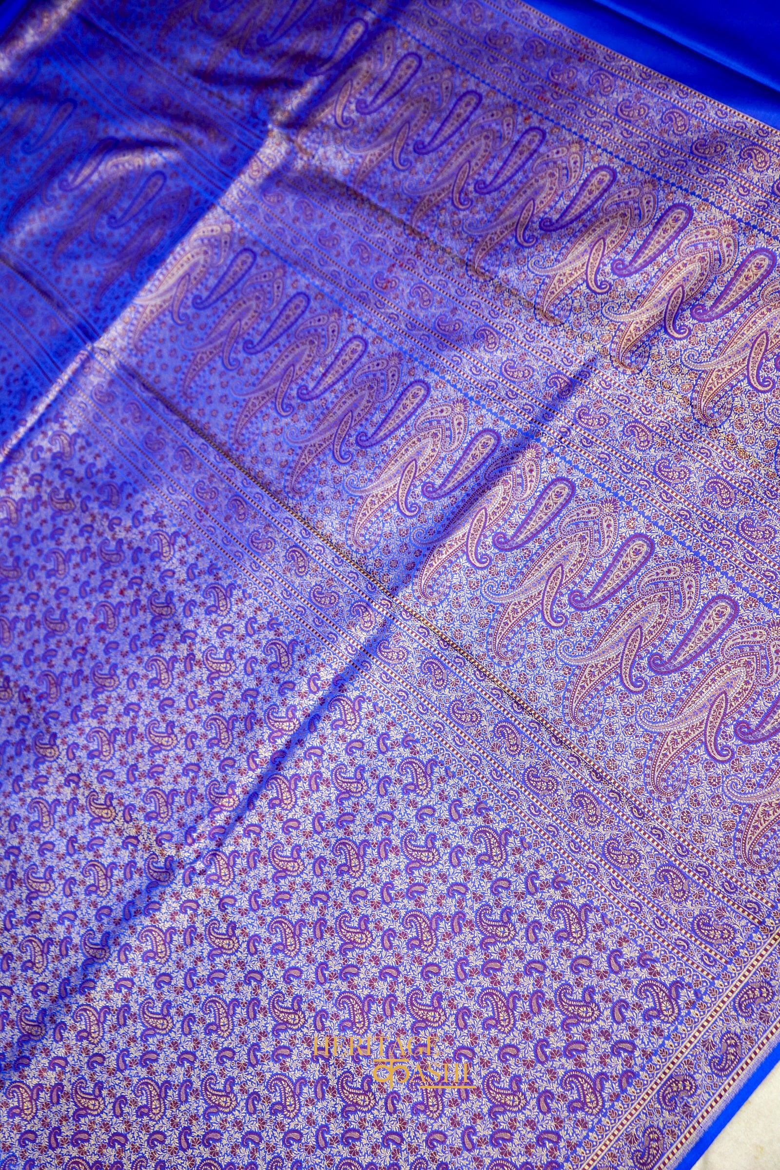 Royal Blue Satin Tanchoi Reshami Ektara Banarasi Silk Saree