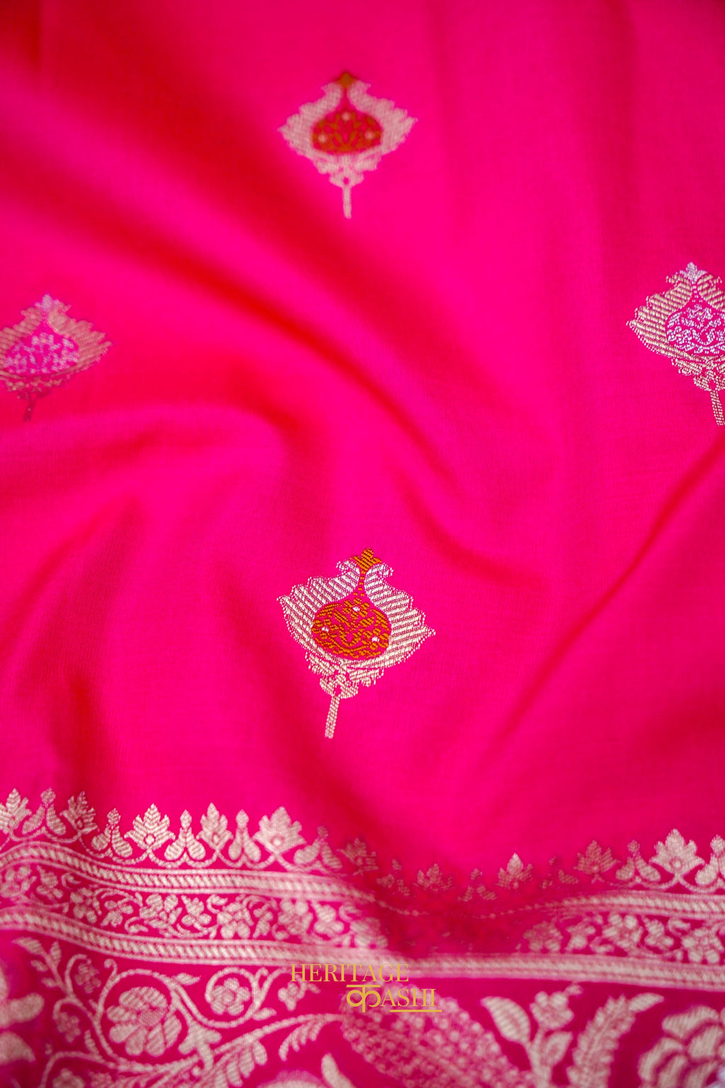Rani Pink Katan Silk Saree with Meenakari Motifs & Floral Zari Border