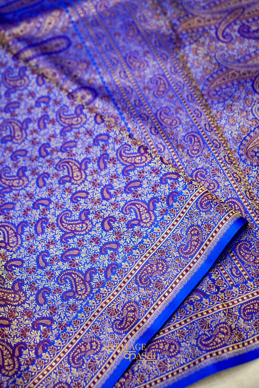 Royal Blue Satin Tanchoi Reshami Ektara Banarasi Silk Saree