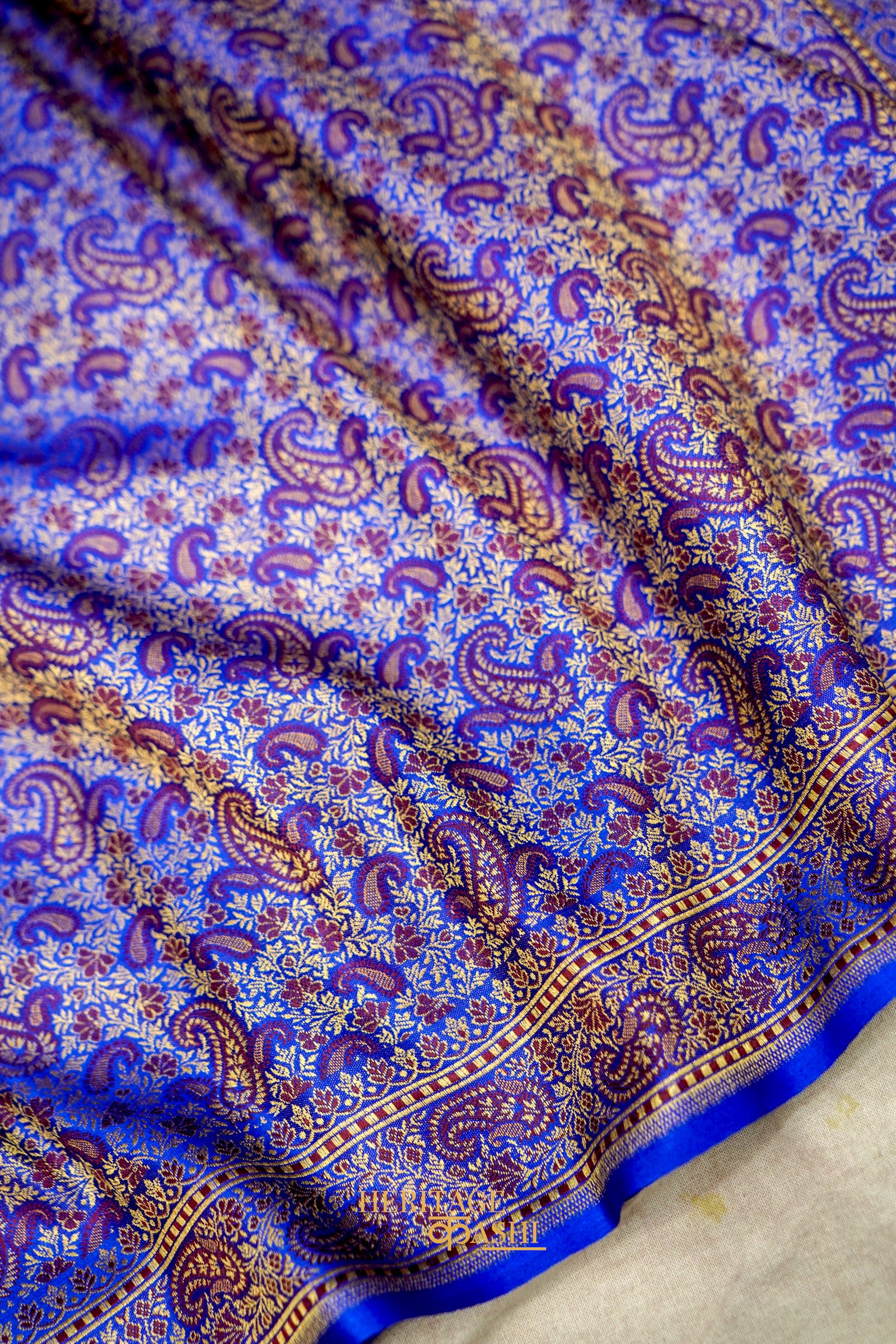 Royal Blue Satin Tanchoi Reshami Ektara Banarasi Silk Saree