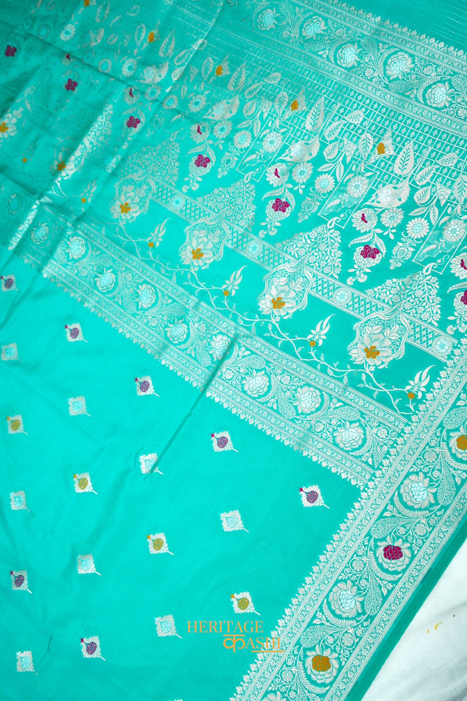 Aqua Blue Katan Silk Saree with Meenakari Motifs & Floral Zari Border