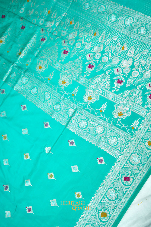 Aqua Blue Katan Silk Saree with Meenakari Motifs & Floral Zari Border