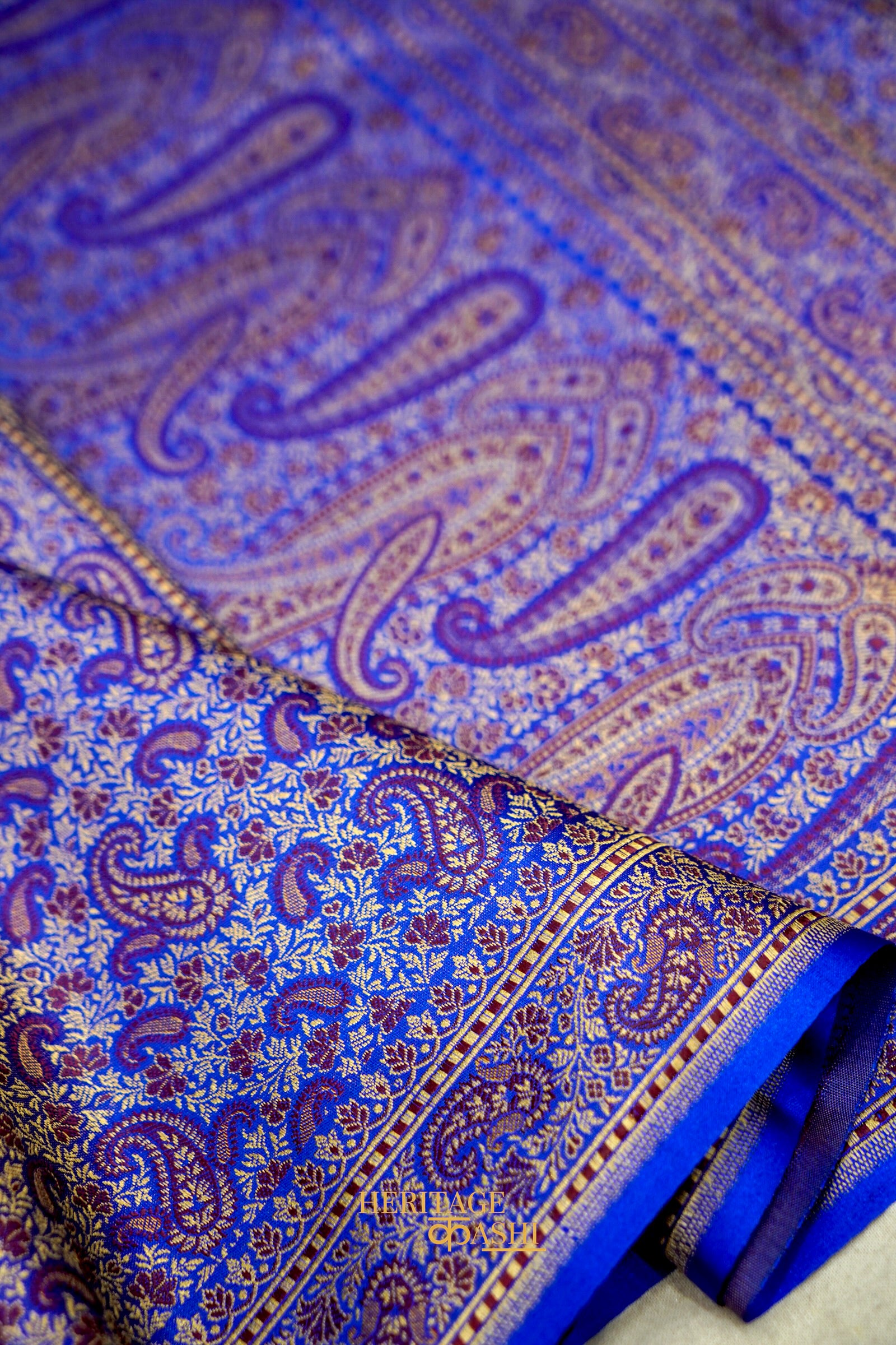 Royal Blue Satin Tanchoi Reshami Ektara Banarasi Silk Saree