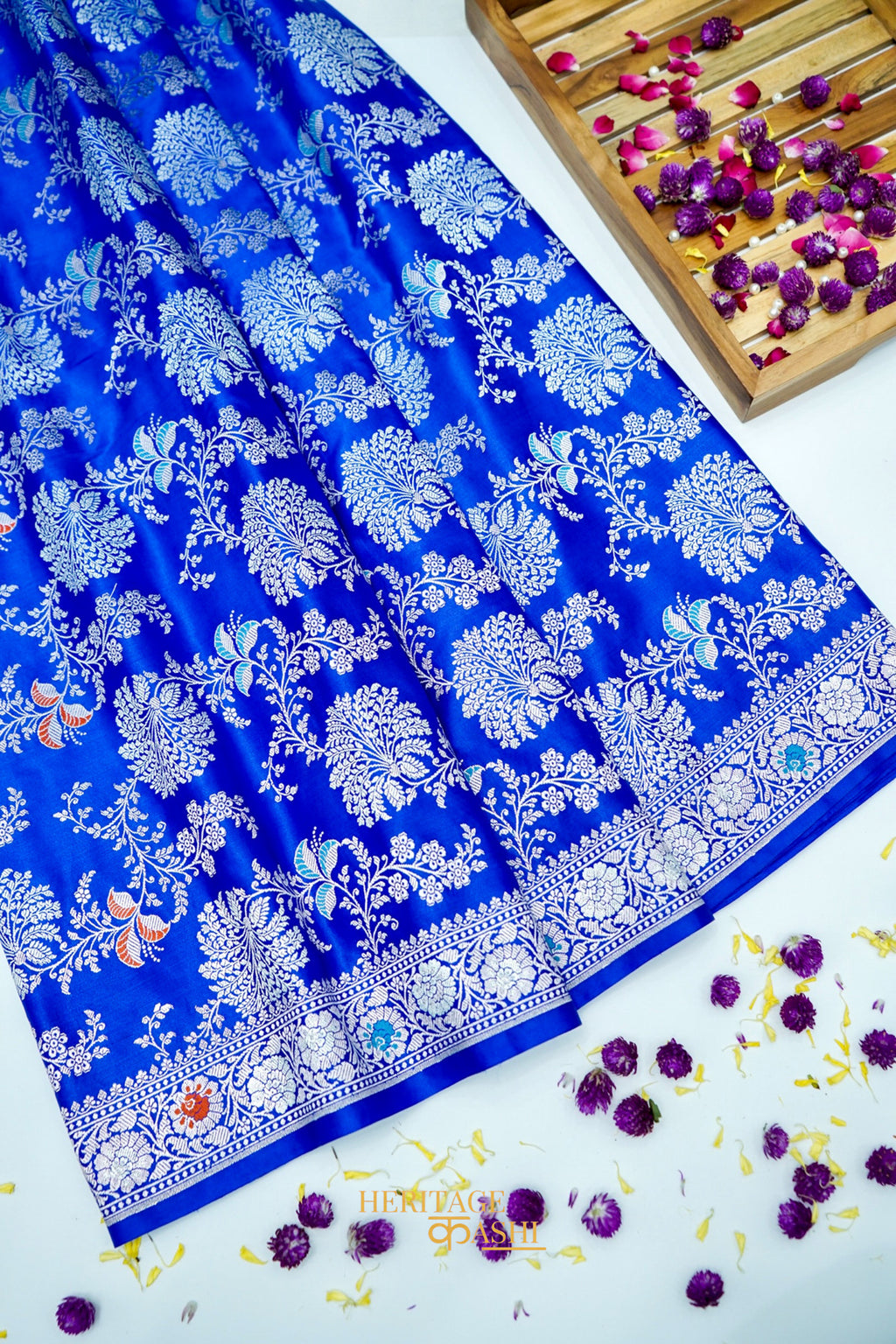 Royal Blue Mashru Multicolour Floral Jaal Motif Silk Saree