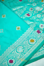 Aqua Blue Katan Silk Saree with Meenakari Motifs & Floral Zari Border