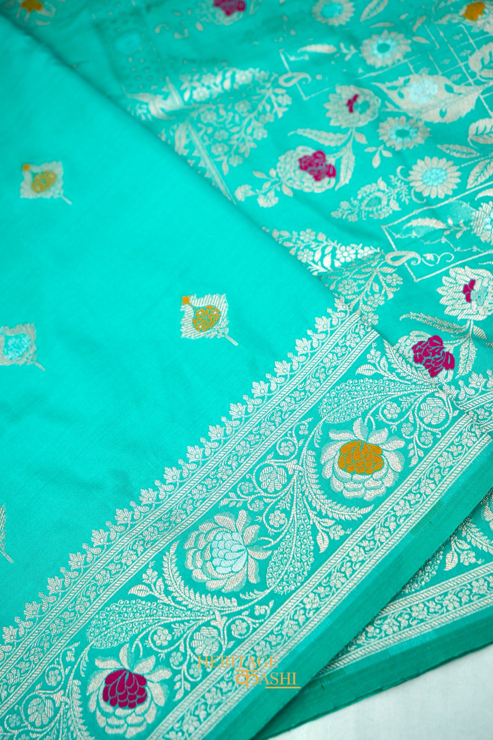 Aqua Blue Katan Silk Saree with Meenakari Motifs & Floral Zari Border