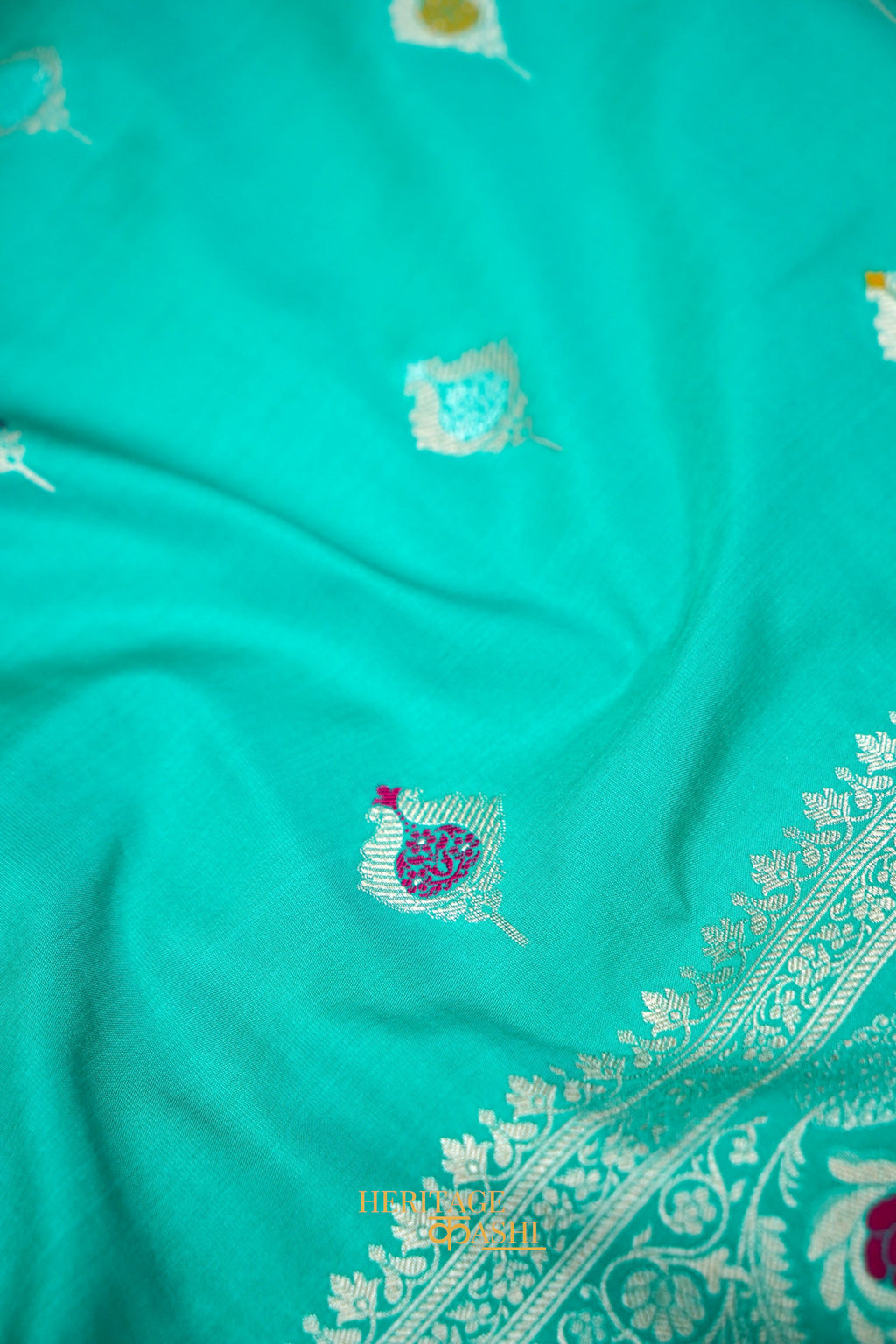 Aqua Blue Katan Silk Saree with Meenakari Motifs & Floral Zari Border