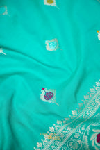 Aqua Blue Katan Silk Saree with Meenakari Motifs & Floral Zari Border