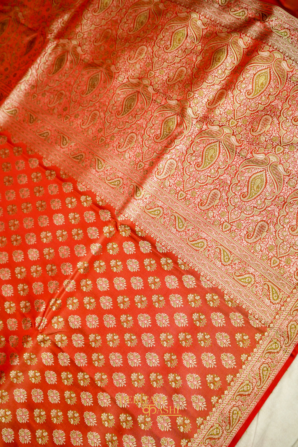 Vermilion Red Satin Reshami Dohra Ektara Banarasi Silk Saree