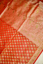Vermilion Red Satin Reshami Dohra Ektara Banarasi Silk Saree