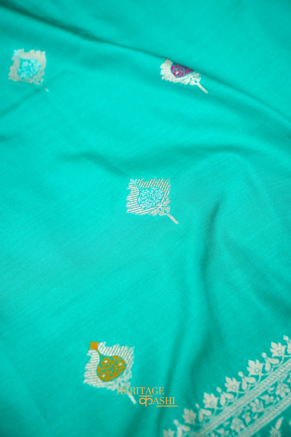 Aqua Blue Katan Silk Saree with Meenakari Motifs & Floral Zari Border