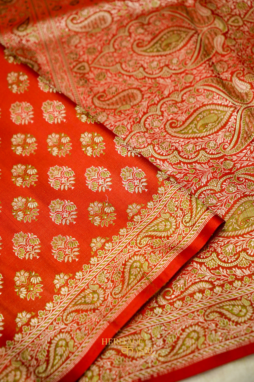 Vermilion Red Satin Reshami Dohra Ektara Banarasi Silk Saree