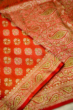 Vermilion Red Satin Reshami Dohra Ektara Banarasi Silk Saree