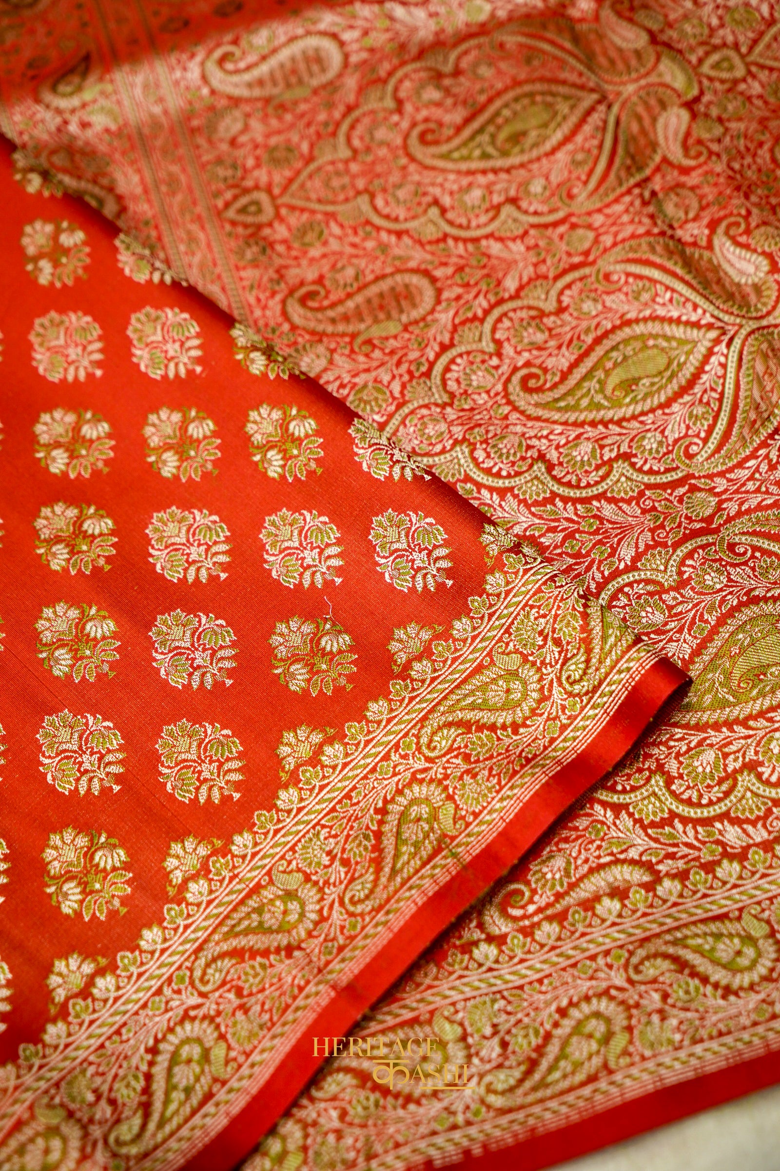 Vermilion Red Satin Reshami Dohra Ektara Banarasi Silk Saree