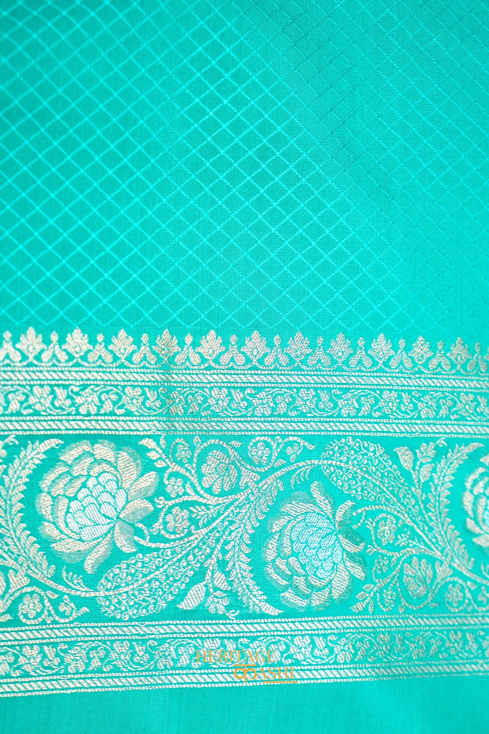 Aqua Blue Katan Silk Saree with Meenakari Motifs & Floral Zari Border