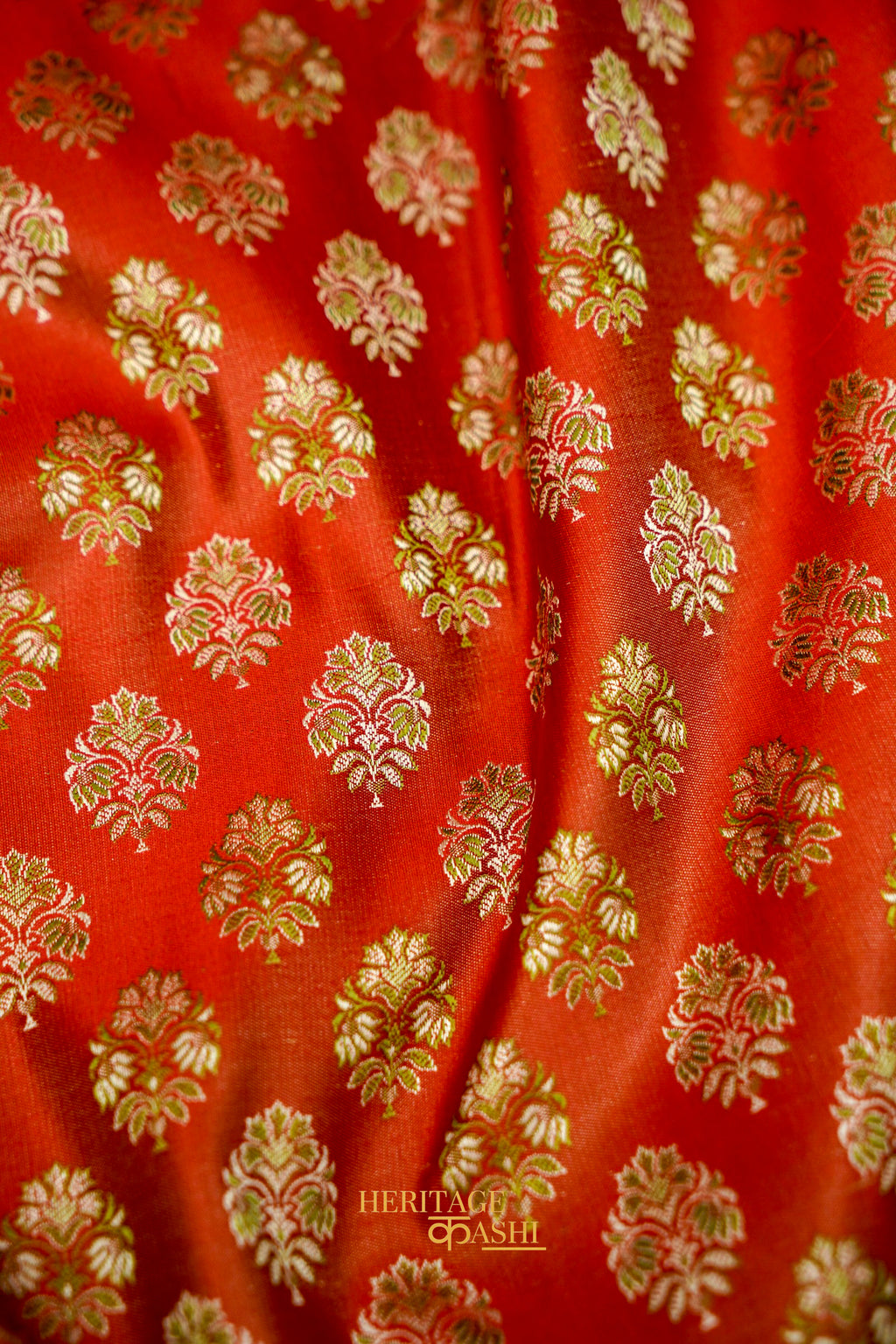 Vermilion Red Satin Reshami Dohra Ektara Banarasi Silk Saree