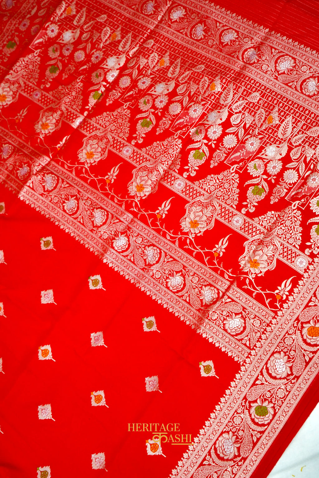 Scarlet Red Katan Silk Saree with Meenakari Motifs & Floral Zari Border