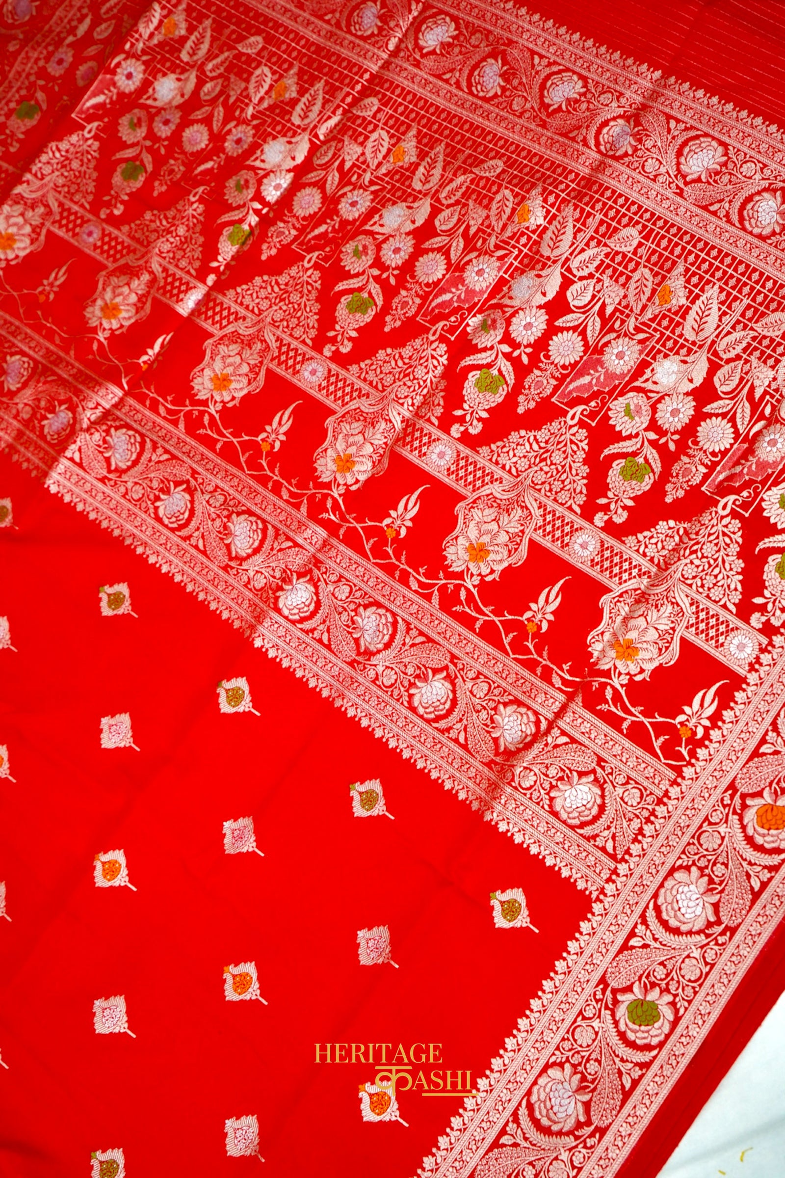Scarlet Red Katan Silk Saree with Meenakari Motifs & Floral Zari Border