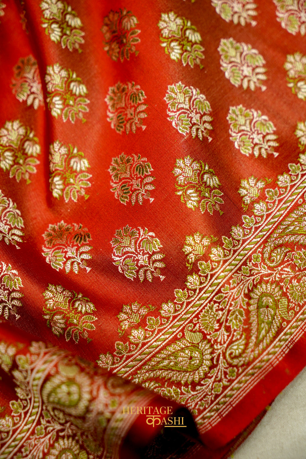 Vermilion Red Satin Reshami Dohra Ektara Banarasi Silk Saree