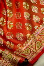 Vermilion Red Satin Reshami Dohra Ektara Banarasi Silk Saree