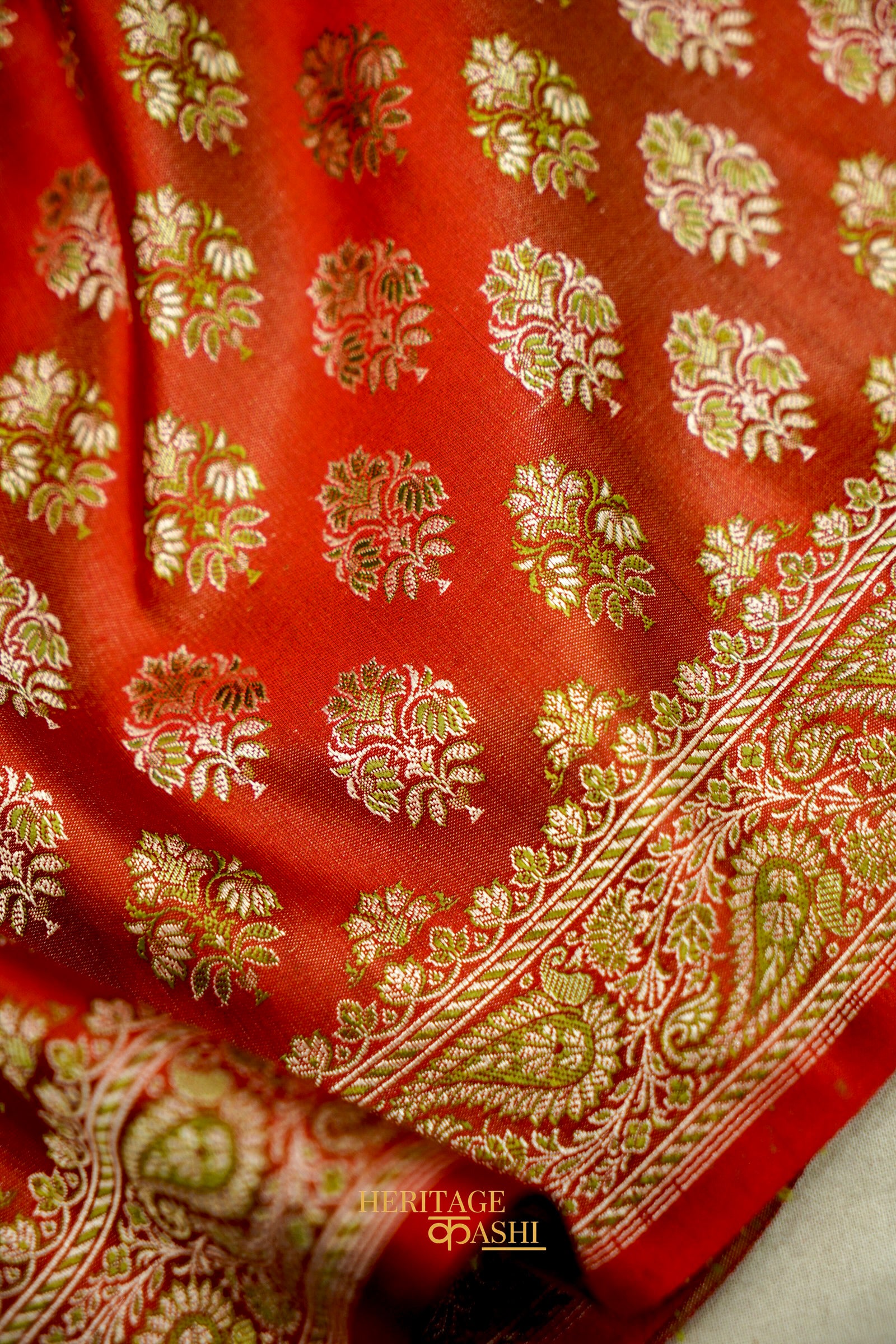Vermilion Red Satin Reshami Dohra Ektara Banarasi Silk Saree
