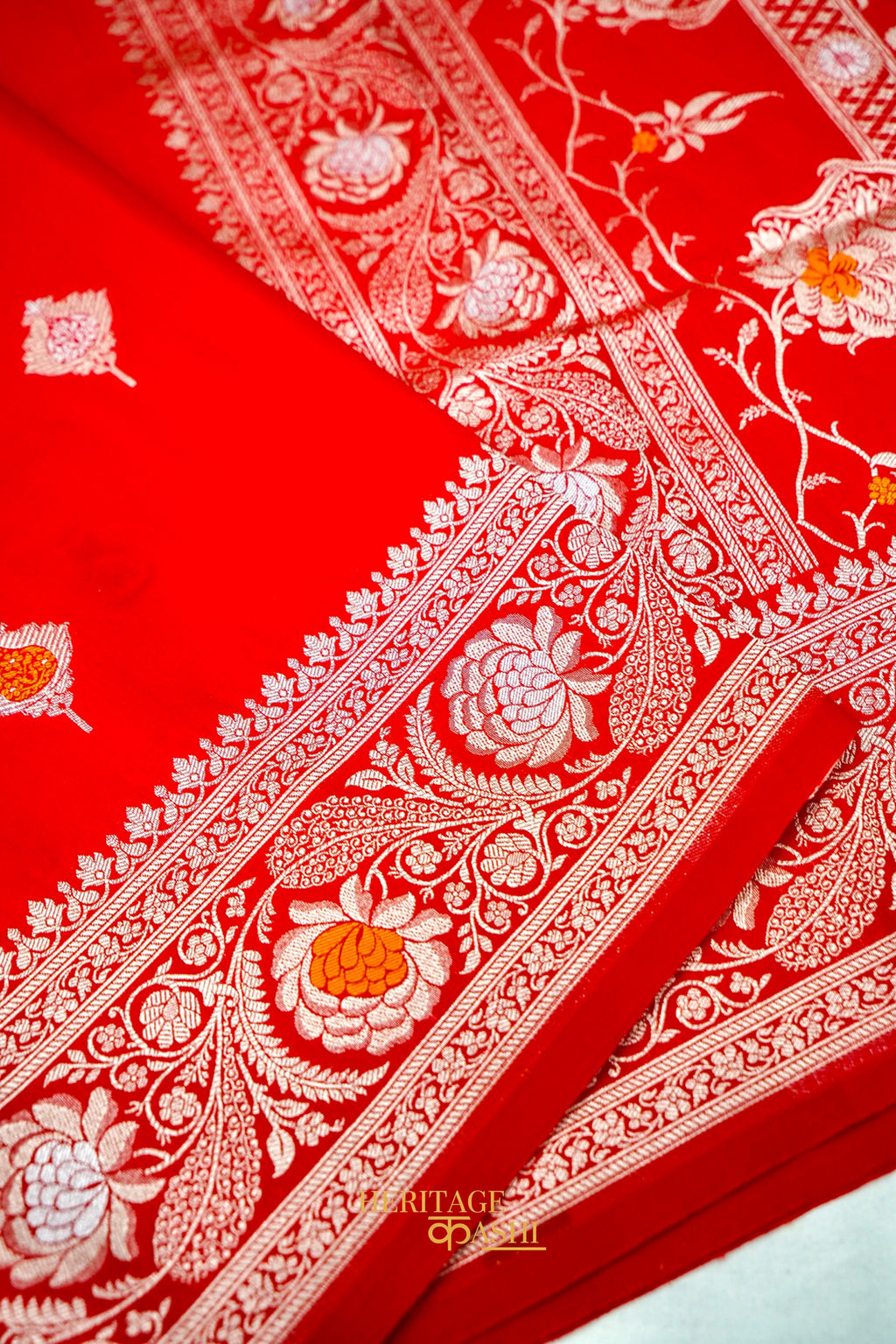 Scarlet Red Katan Silk Saree with Meenakari Motifs & Floral Zari Border
