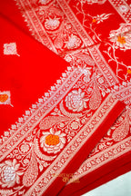 Scarlet Red Katan Silk Saree with Meenakari Motifs & Floral Zari Border