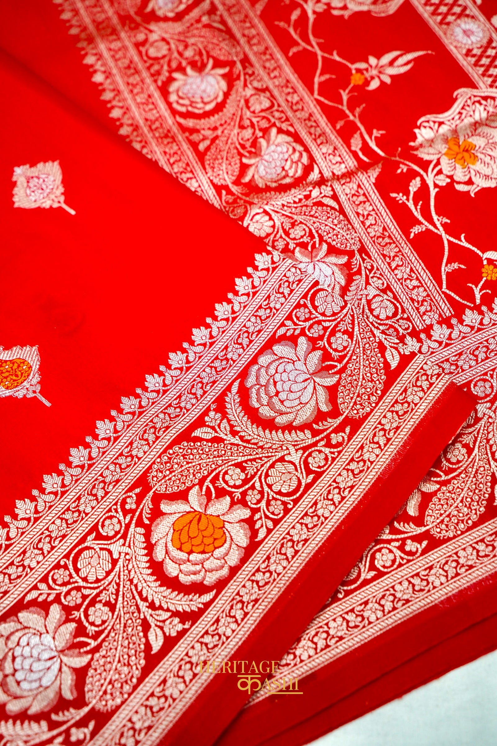 Scarlet Red Katan Silk Saree with Meenakari Motifs & Floral Zari Border