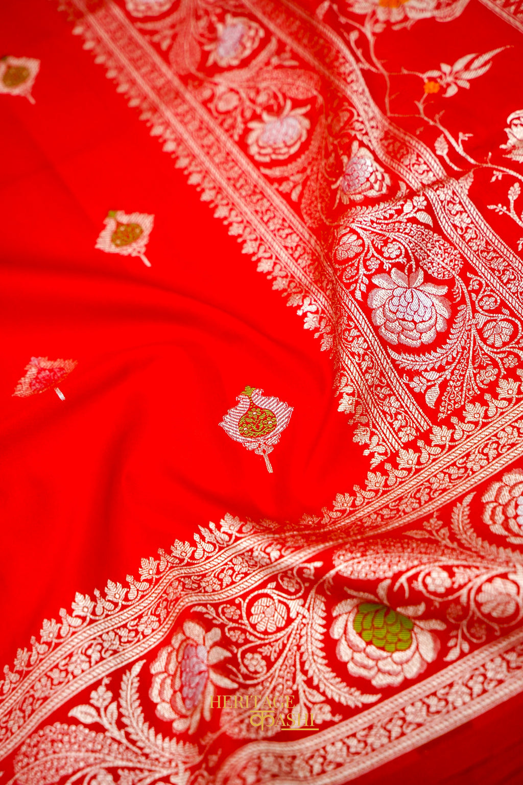 Scarlet Red Katan Silk Saree with Meenakari Motifs & Floral Zari Border