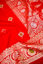 Scarlet Red Katan Silk Saree with Meenakari Motifs & Floral Zari Border