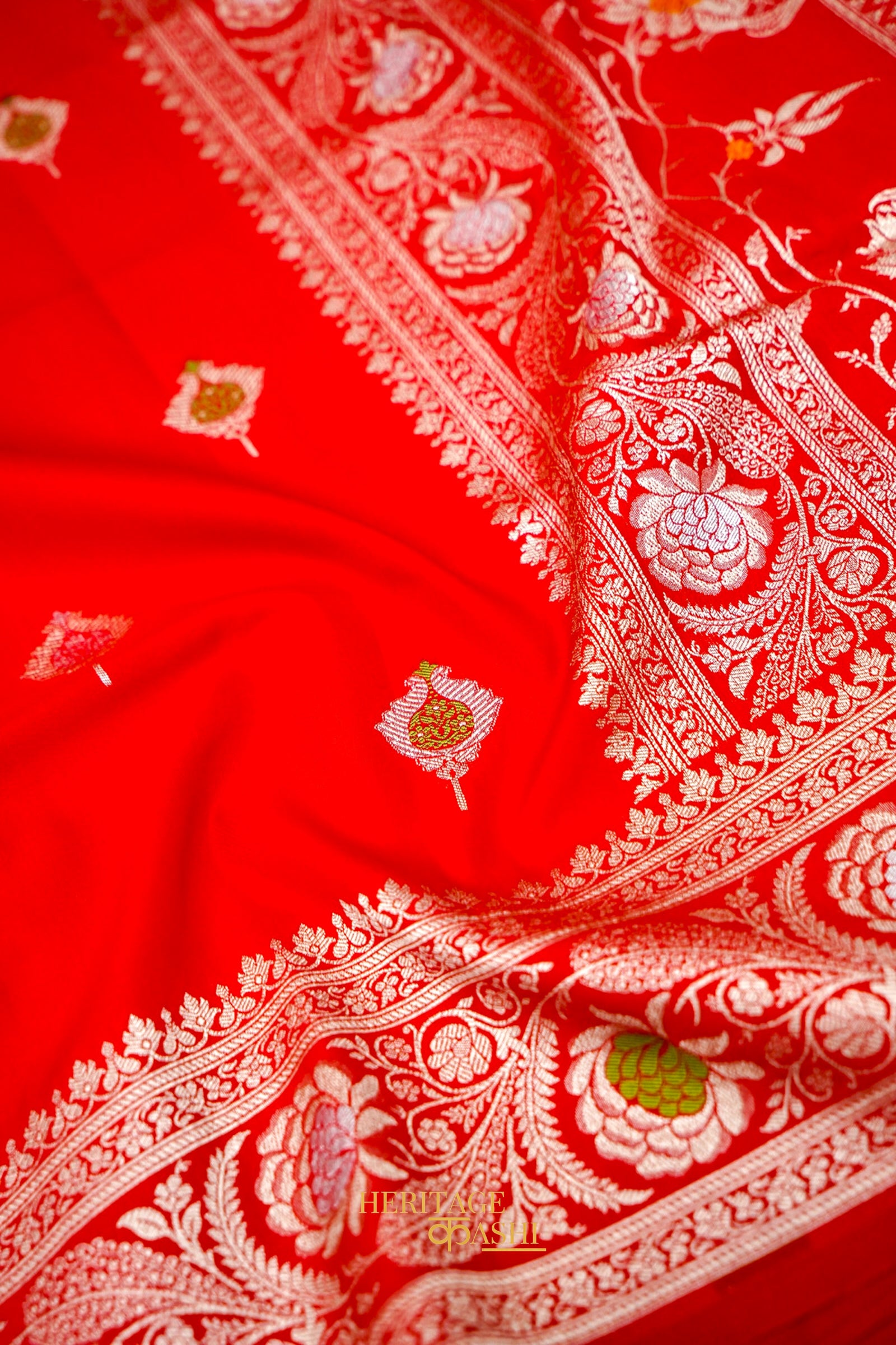 Scarlet Red Katan Silk Saree with Meenakari Motifs & Floral Zari Border