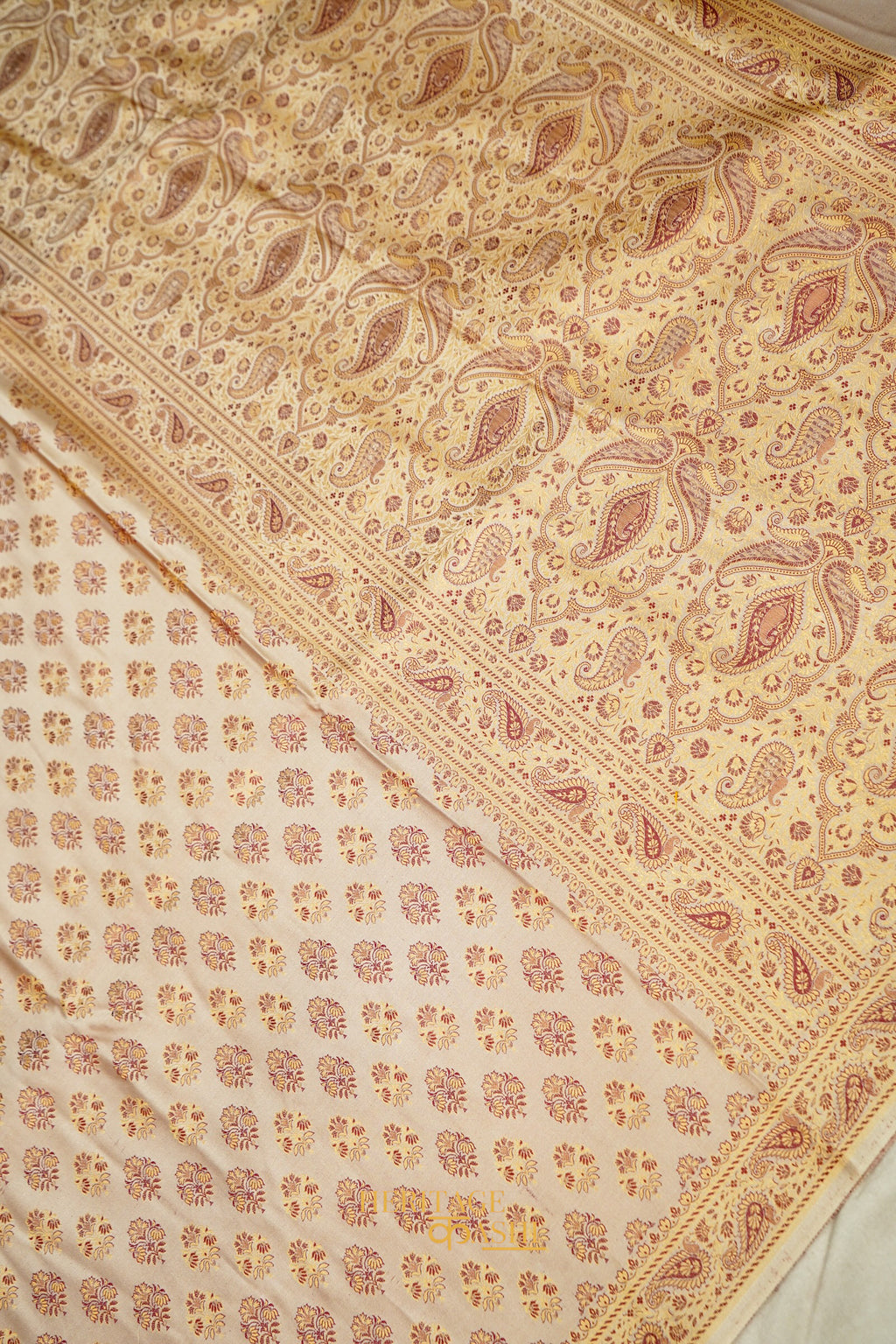 Champagne Beige Satin Reshami Dohra Ektara Banarasi Silk Saree