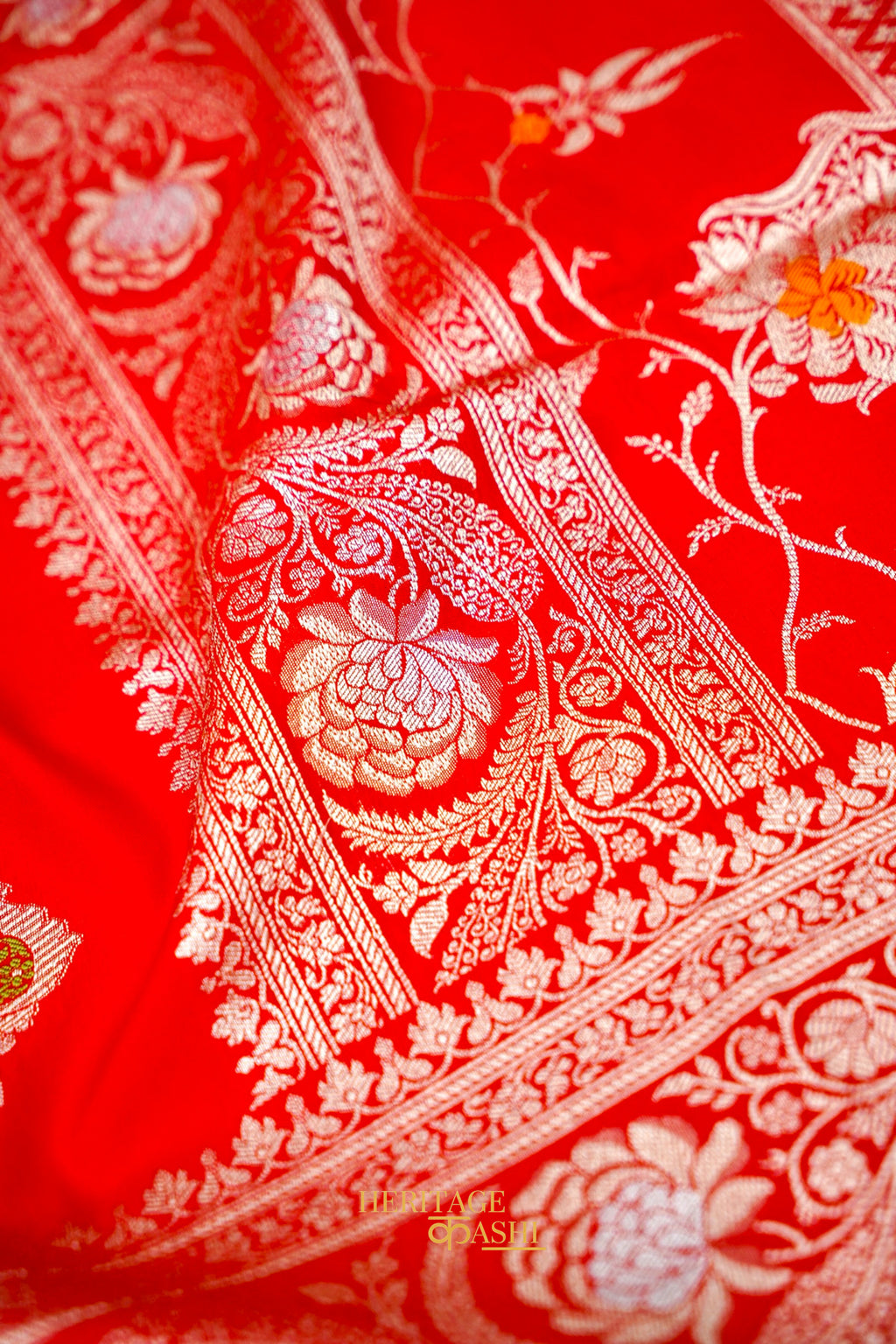 Scarlet Red Katan Silk Saree with Meenakari Motifs & Floral Zari Border